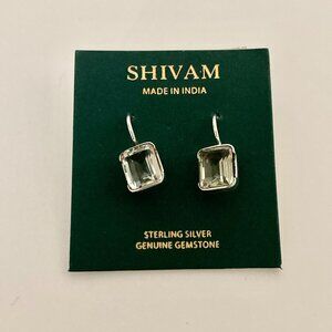 Genuine Green Amethyst Earrings, Sterling Silver, Cushion-Cut Drops, Like New